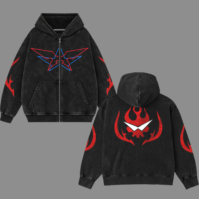 Simon Tengen Toppa Gurren Lagann ZIP Washed Hoodie 100% Cotton
